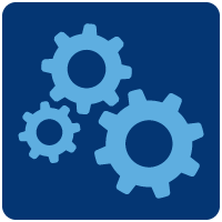 PHPR icon for coordination, three light blue gears intersecting on a dark blue background