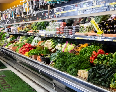 Produce shelves at a grocery store