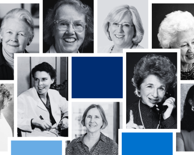 A photocollage of Susan Baker, Edyth Hull Schoenrich, Lisa Coussens, Anna Baetjer, Lillie Tyson Head, Isabel Morgan, Nan Laird, Ruth Westheimer, and Helene Gayle.