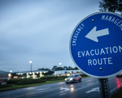 Road sign pointing out evacuation route against gloomy skies