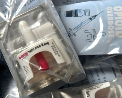 Naloxone, packaged with instructions, is one of the items given out by the Baltimore Harm Reduction Coalition outreach workers.