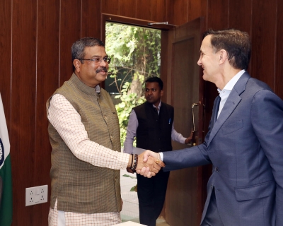 JHU President Ron Daniels meets India's Minister of Education Dharmendra Pradhan in New Delhi