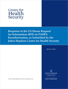 report cover, Response to the Request for Information (RFI) on PAHPA Reauthorization, as Submitted by the Johns Hopkins Center for Health Security