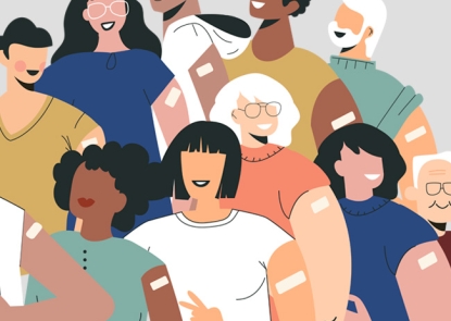 Project image, Diverse people after vaccine injection concept. Banner Let's Vaccinate, healthcare campaign. Multicultural team, unity in diversity. Flat vector cartoon illustration By Maria Petrish 